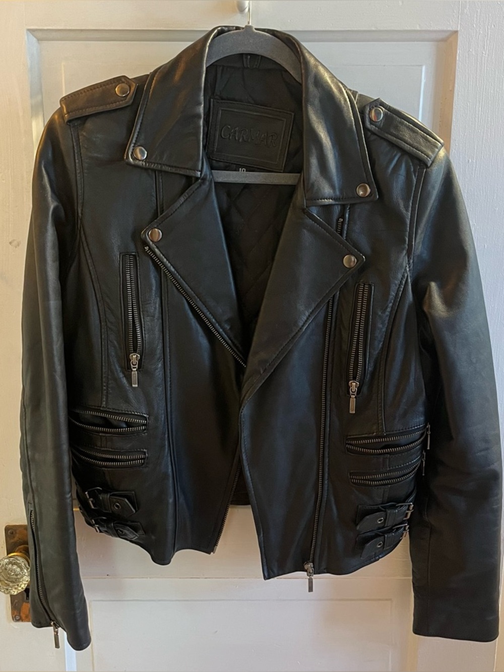 Carmar Black Leather Moto Jacket with Zipper & Buckle Accents
